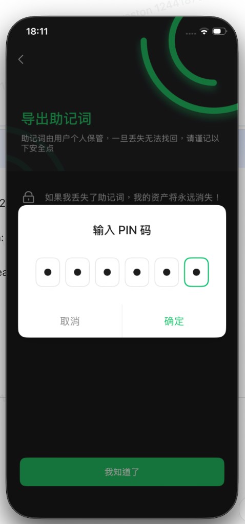 输入 PIN 码以继续导出助记词